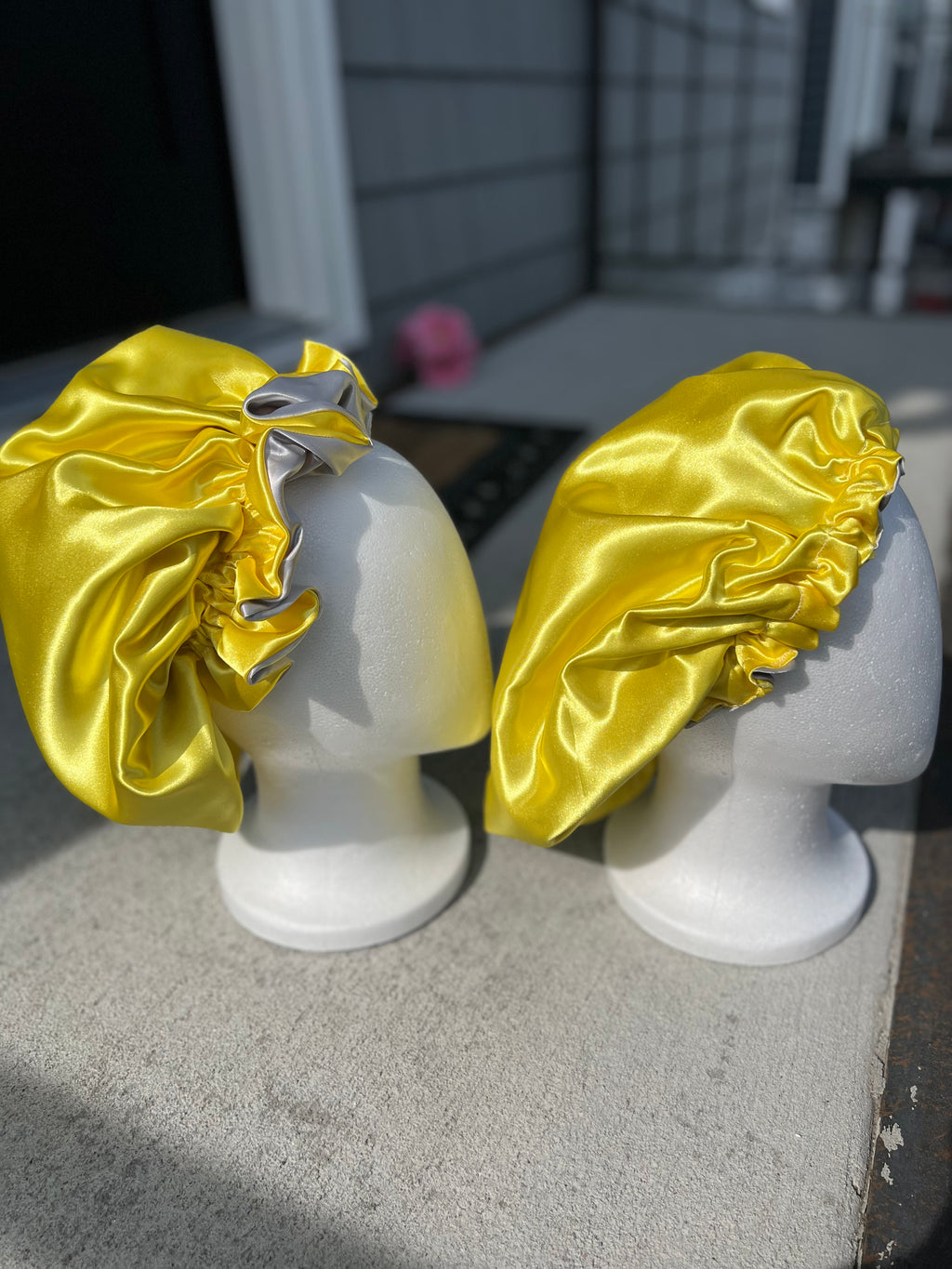 His & Hers Set – Yellow & Grey Reversible Bonnet