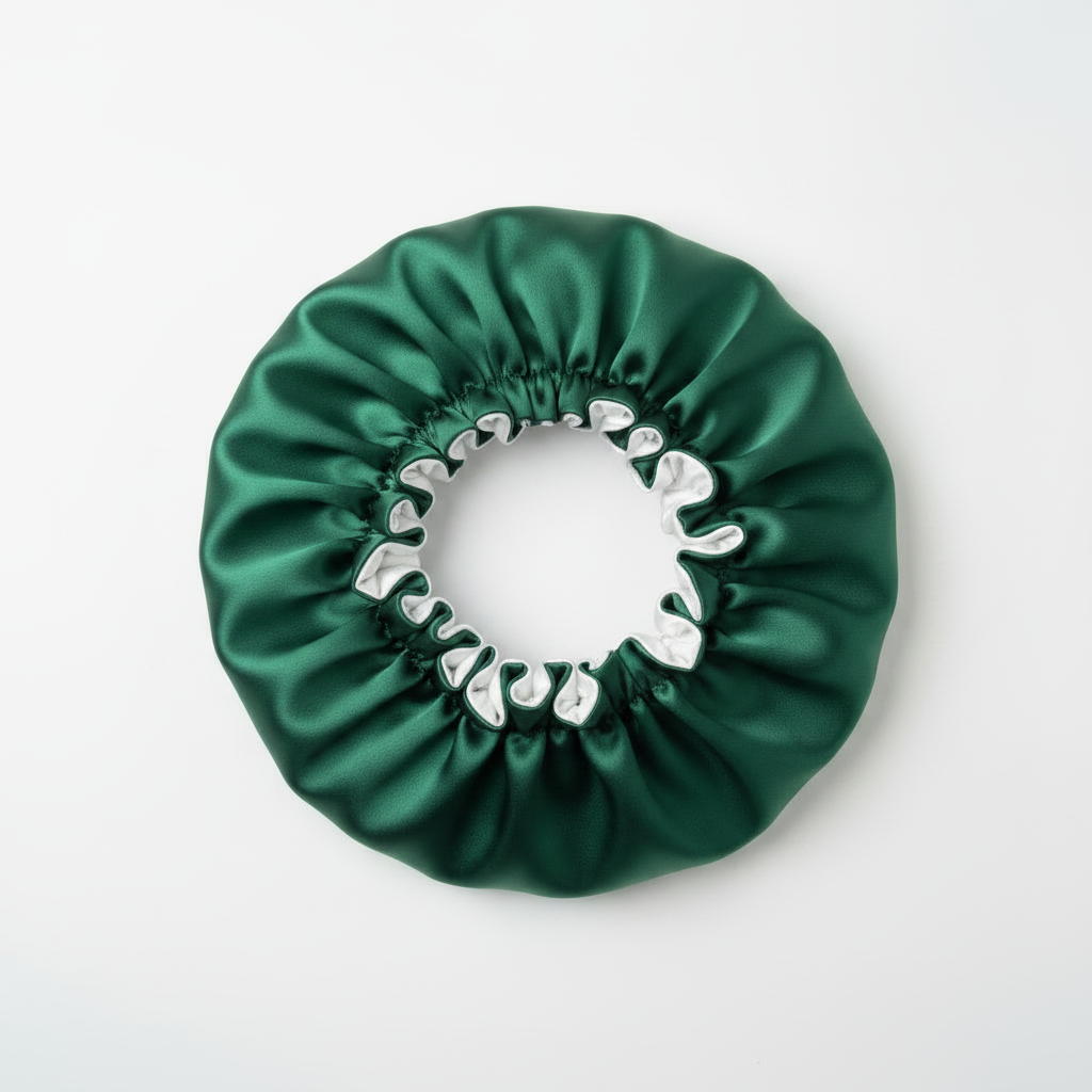 Green and white reversible satin bonnet with ruffled rim