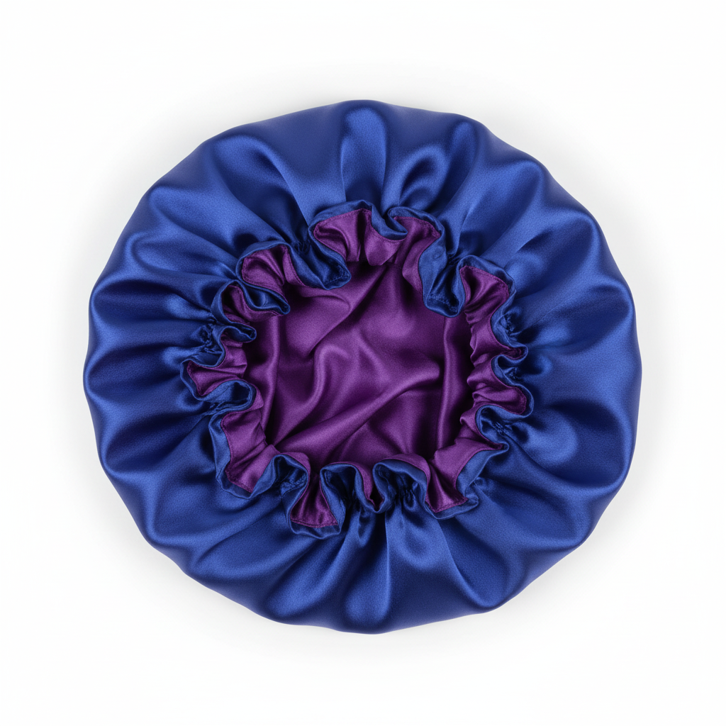 Royal blue and royal purple reversible satin bonnet with ruffled rim