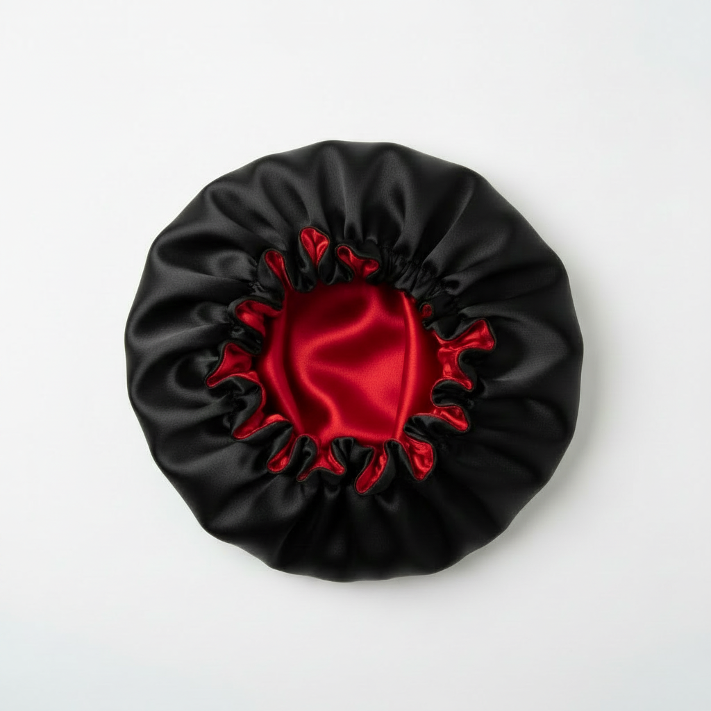 Black and red reversible satin bonnet with ruffled rim